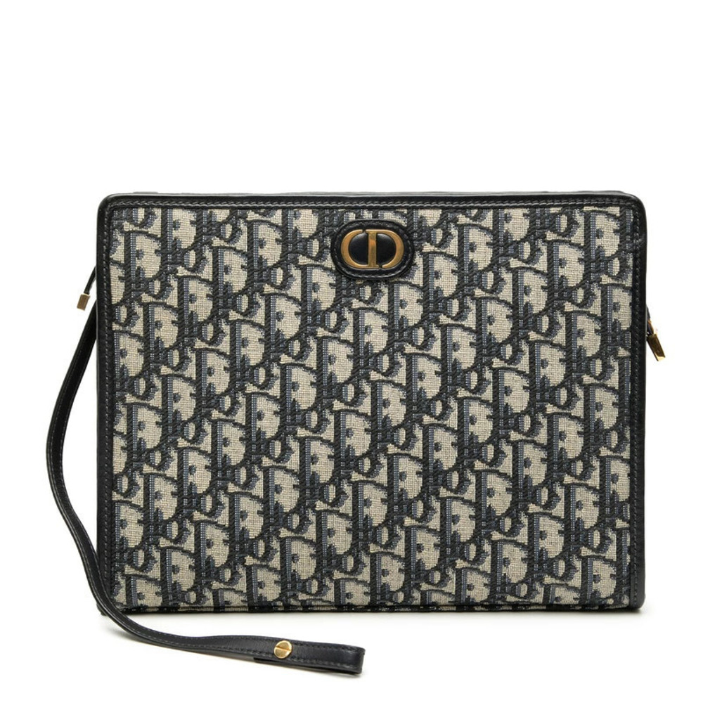 Christian Dior Oblique Montaigne Clutch Bag Navy Blue Canvas Leather